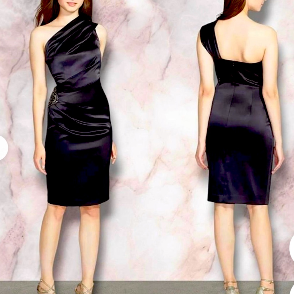 Eliza J Mid Length Fitted One Shoulder Black Satin Beaded Cocktail Party Dress 6